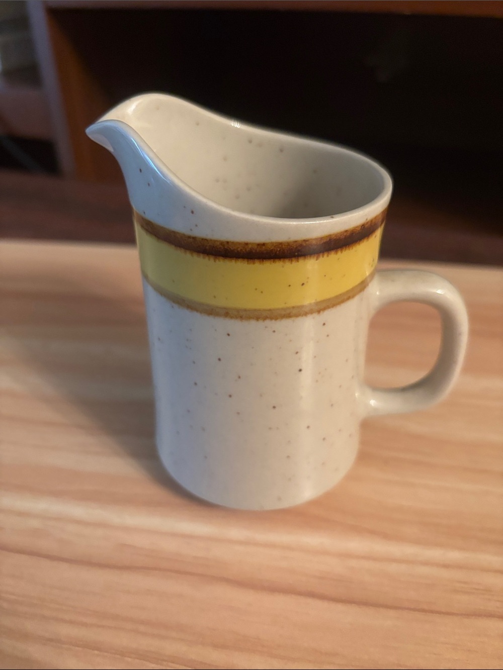 Rainbow Ceramic Creamer with Yellow Band and Brown Rim